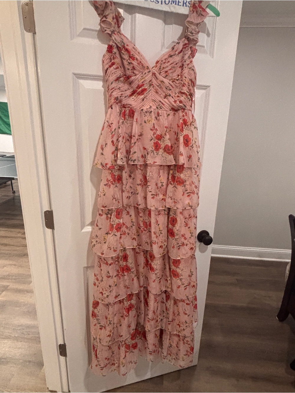 Mac Duggal Blush Pink Floral Tiered Maxi Dress